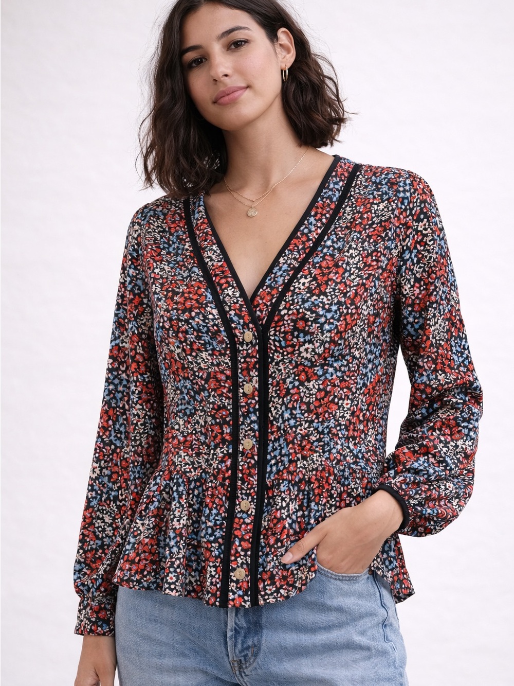 Topshop Red Multi Floral V-Neck Button-Front Peplum Blouse